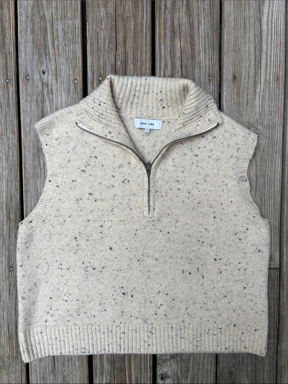 ANTHROPOLOGIE | JOHN + JENN Cream 1/4 Zip Speckled Mock Neck Sweater Vest Size L